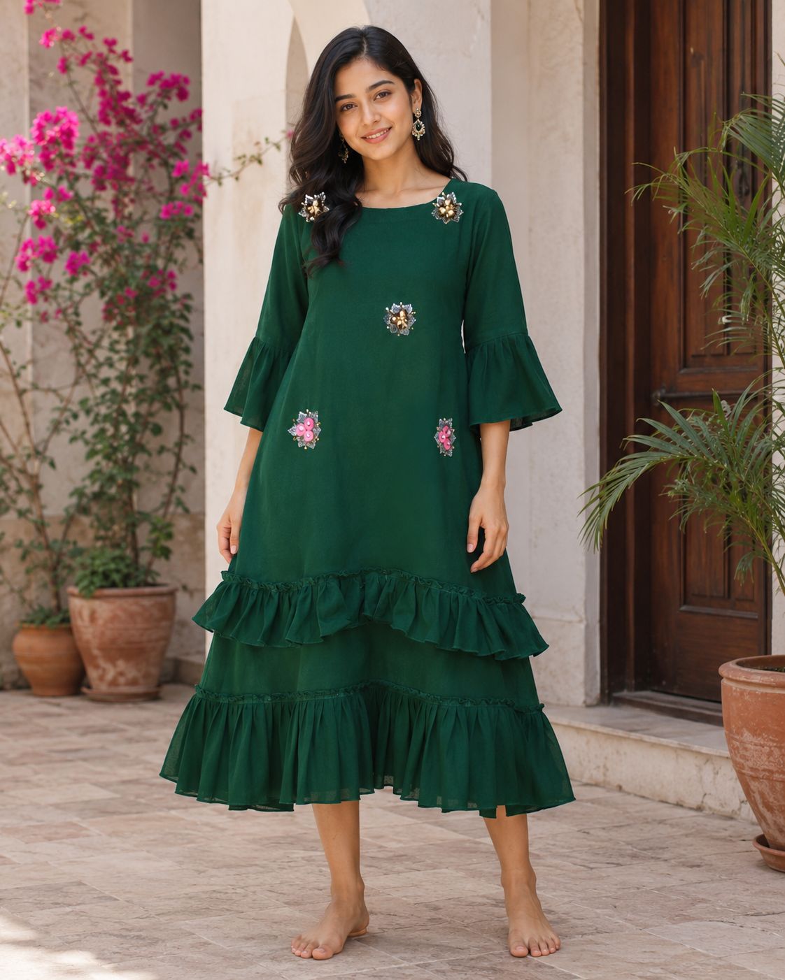 Women's Emerald Green Embellished Georgette Ruffle 3/4 bell sleeves Kurti