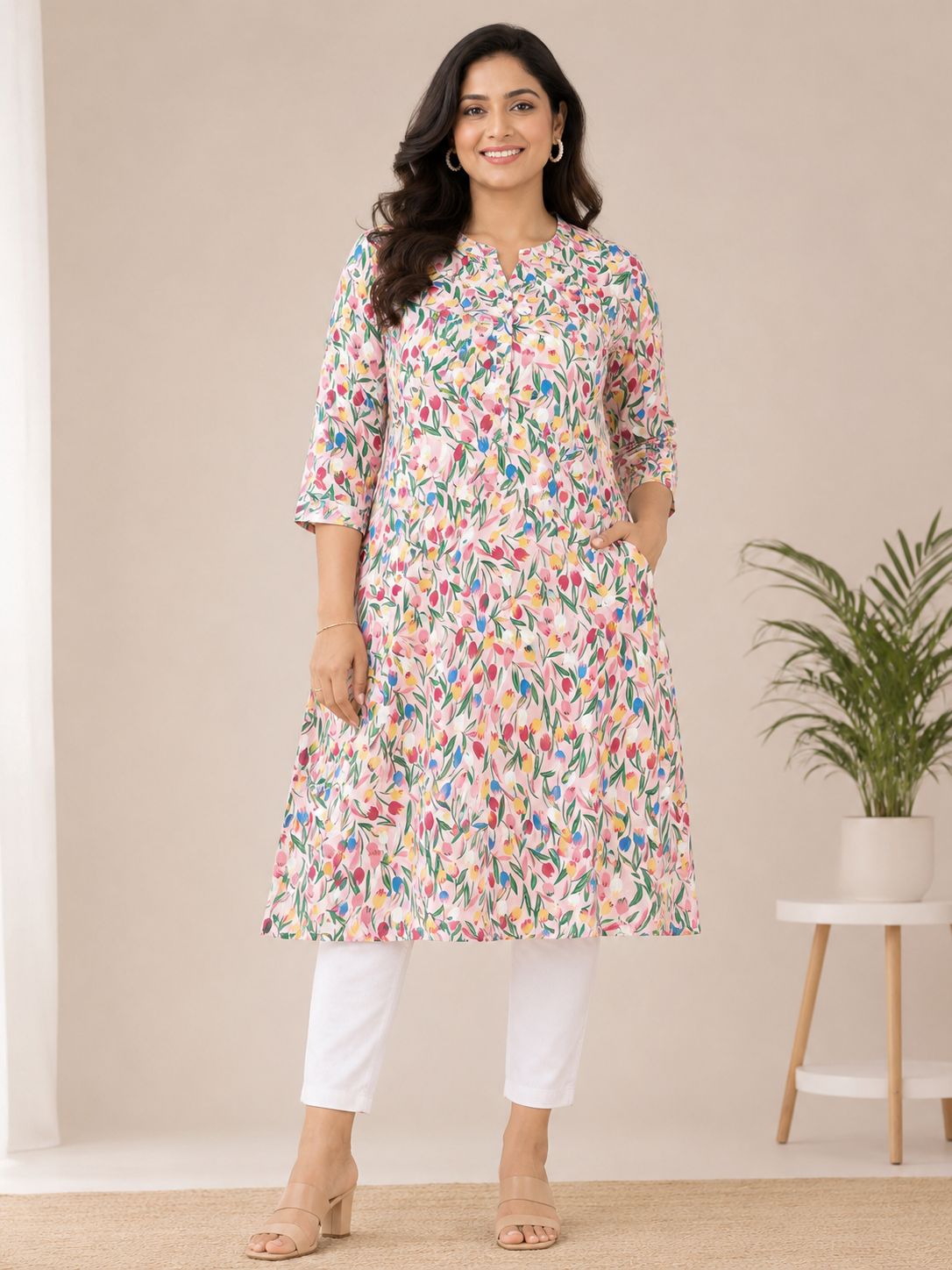 Women's 3/4 sleeves Baby Pink Floral Printed Kurti