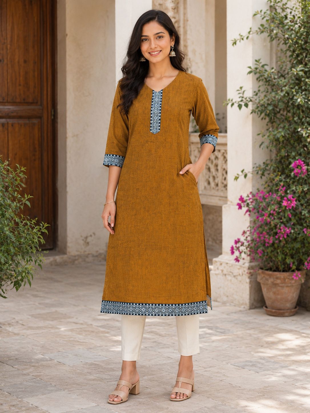 Women's 3/4 sleeves Mustard Brown Straight Kurti with Ethnic Border Accents