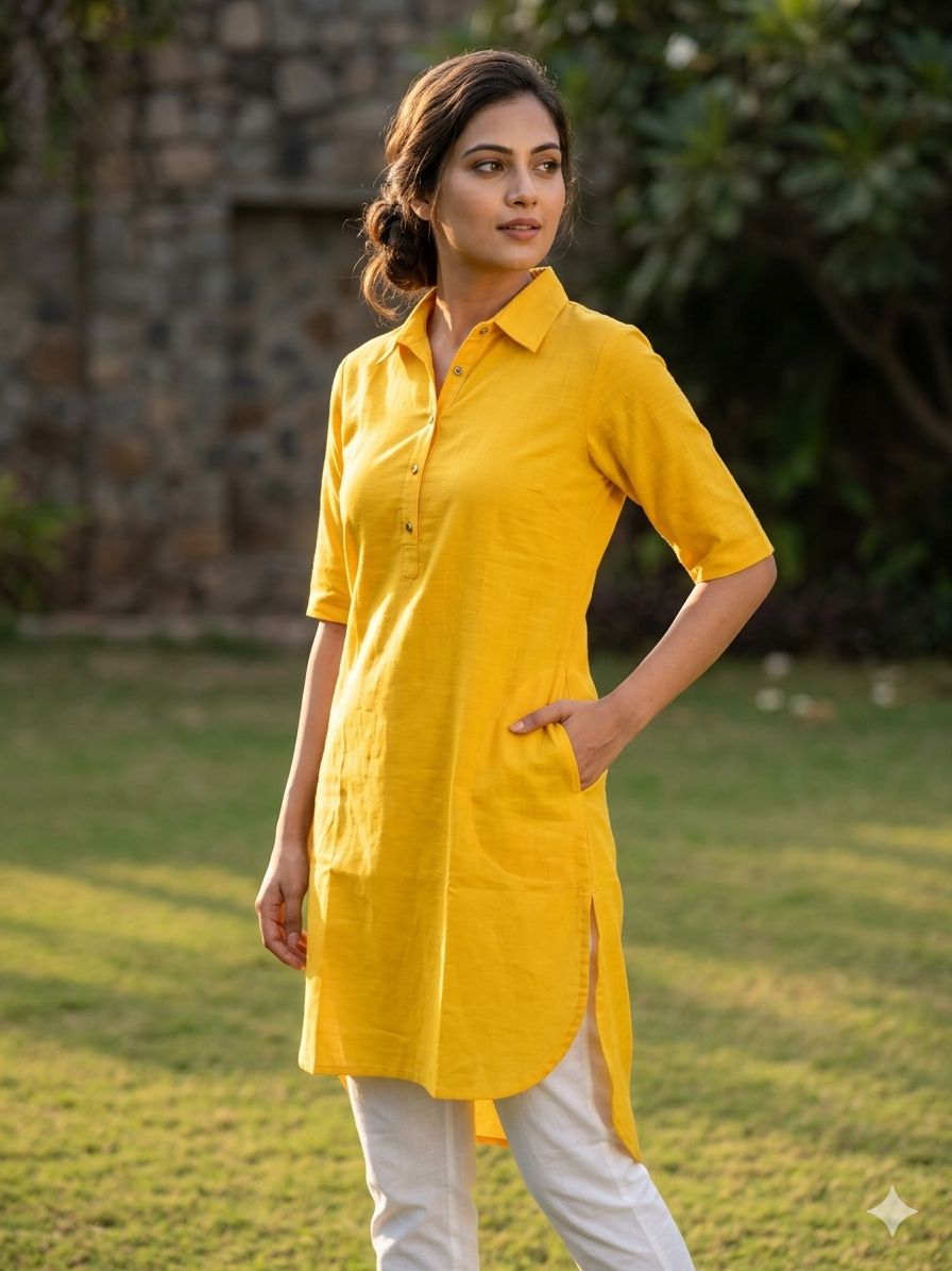 Women's 3/4 sleeveless Mustard Yellow Solid High-Low Shirt Style Kurti