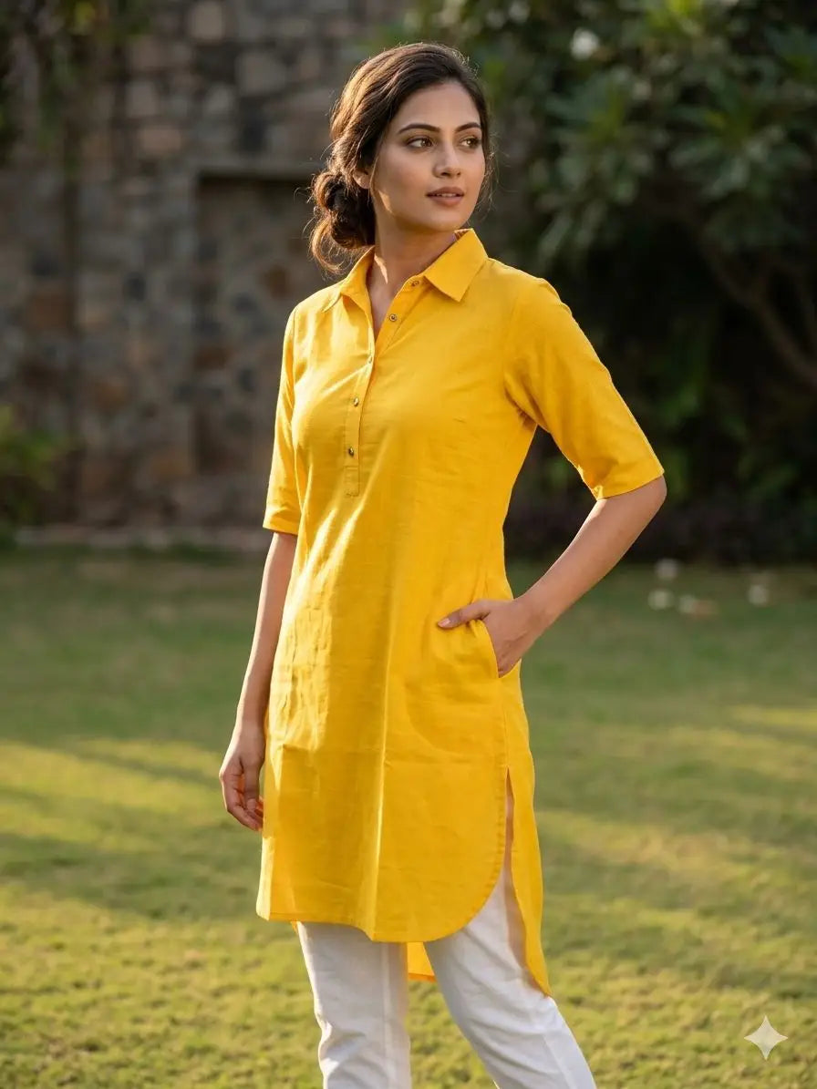 Women's 3/4 sleeveless Mustard Yellow Solid High-Low Shirt Style Kurti