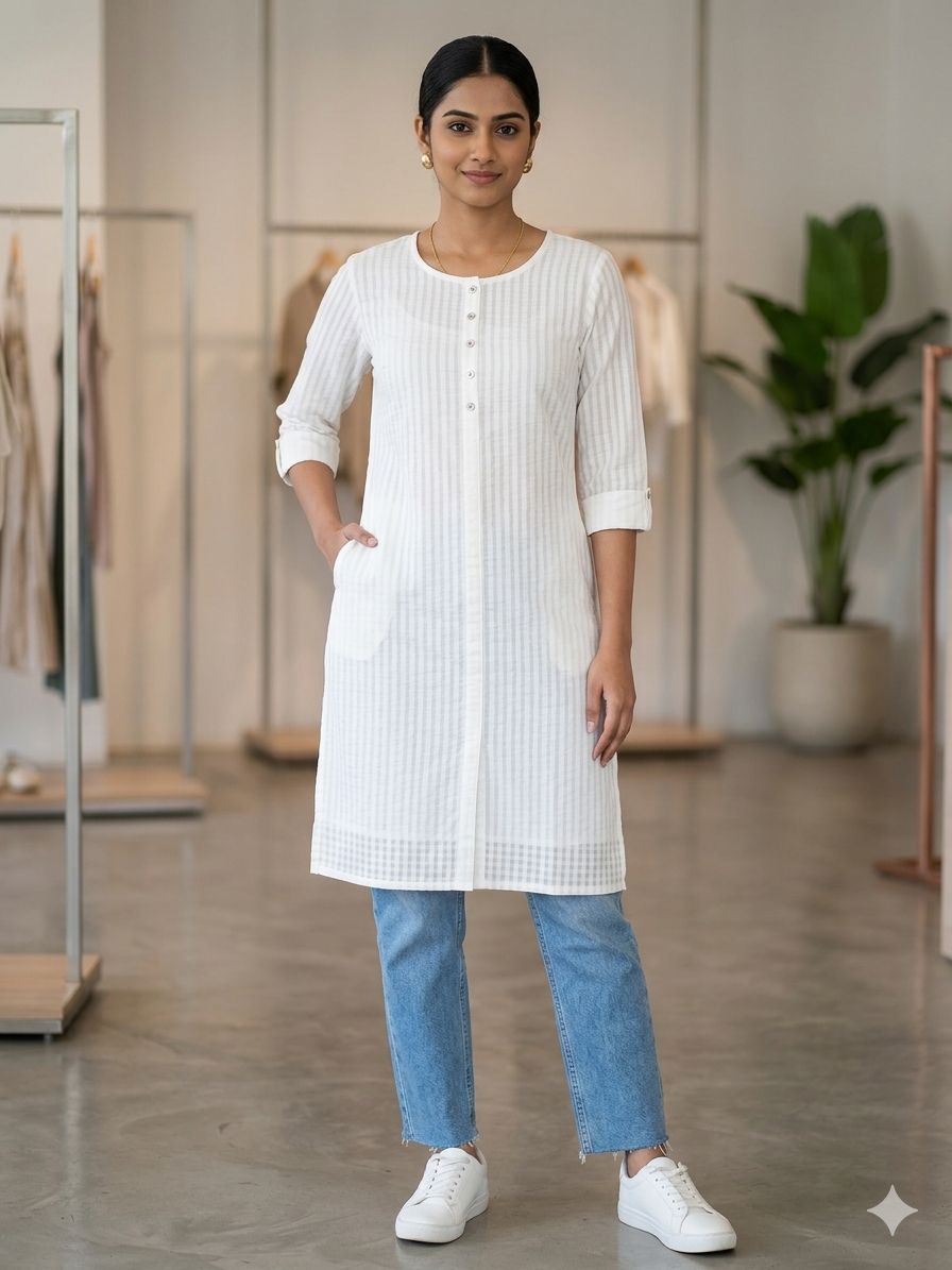 Women's White Lurex Striped Straight 3/4 sleeves Kurti