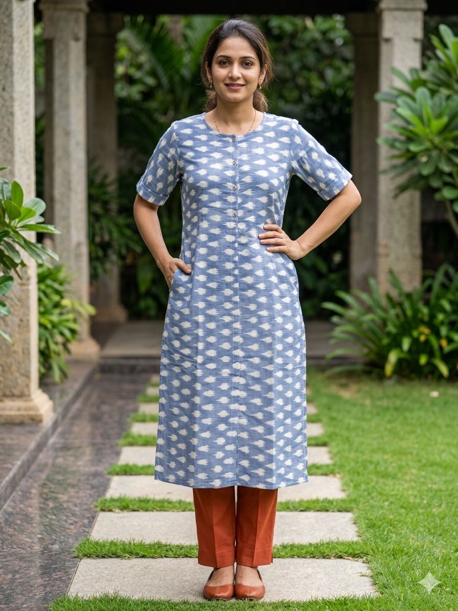 Women's Powder Blue Ikat Print Straight Elbow-Length Sleeves Kurti