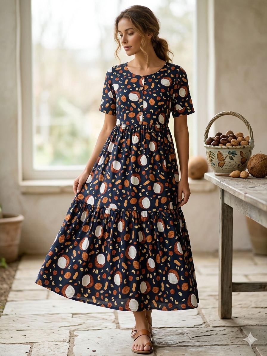 Women's Navy Blue Tropical Coconut Print Tiered half sleeves Maxi Dress