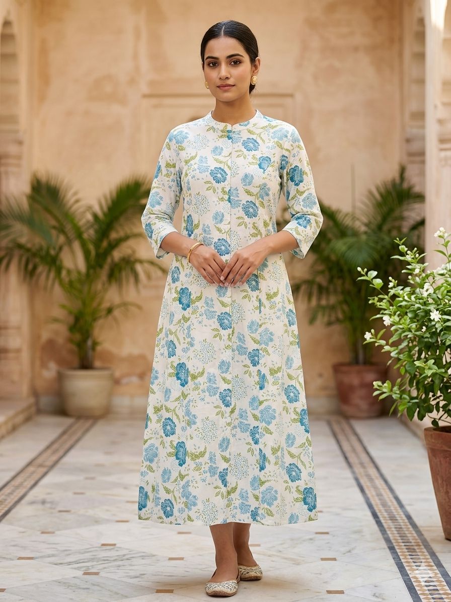 Women's White & Sky Blue 3/4 sleeves Floral Printed Flared A-line Kurti