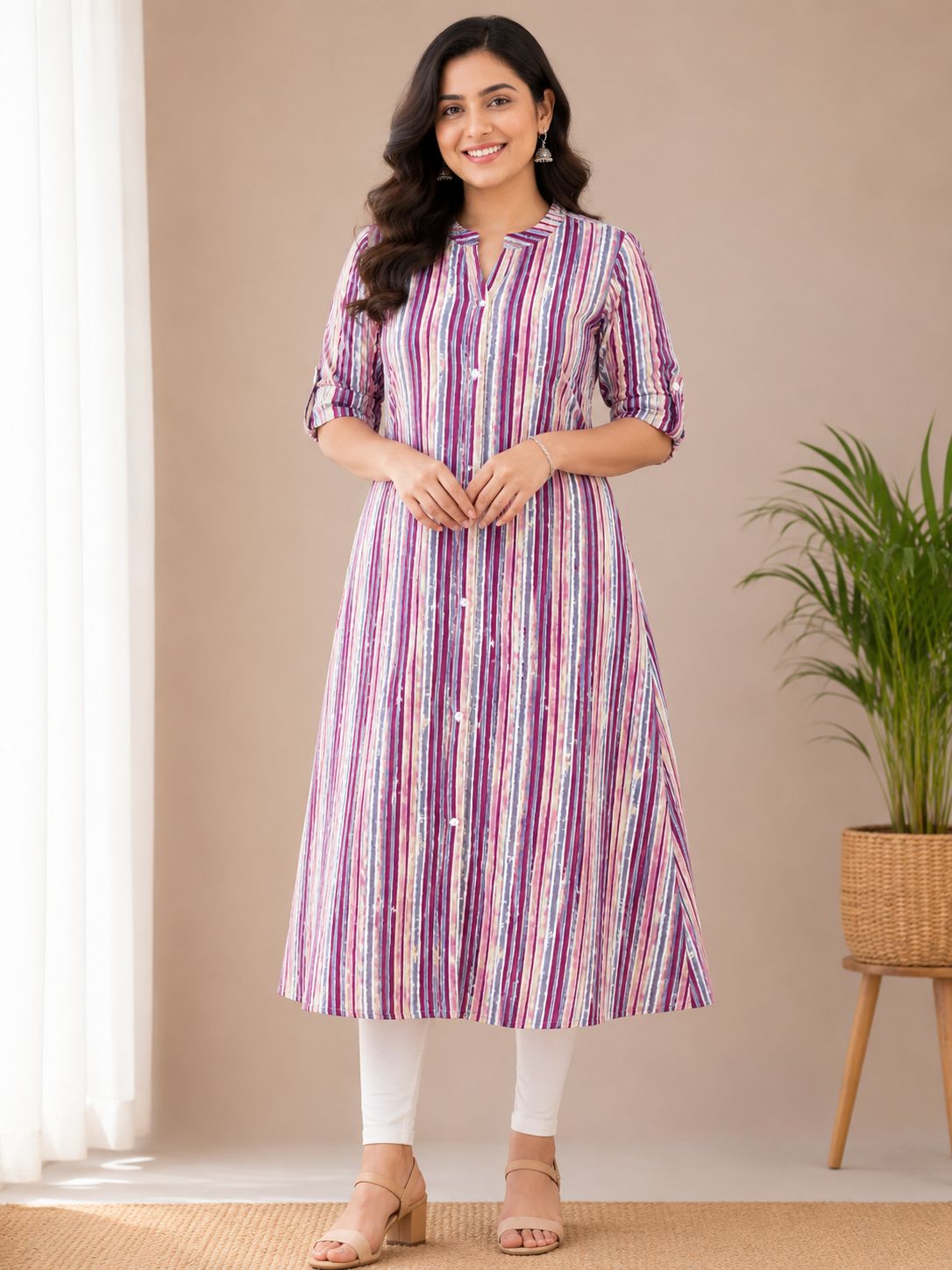 Women's Wine Purple Multicolor Striped 3/4 sleeves A-Line Kurti Dress
