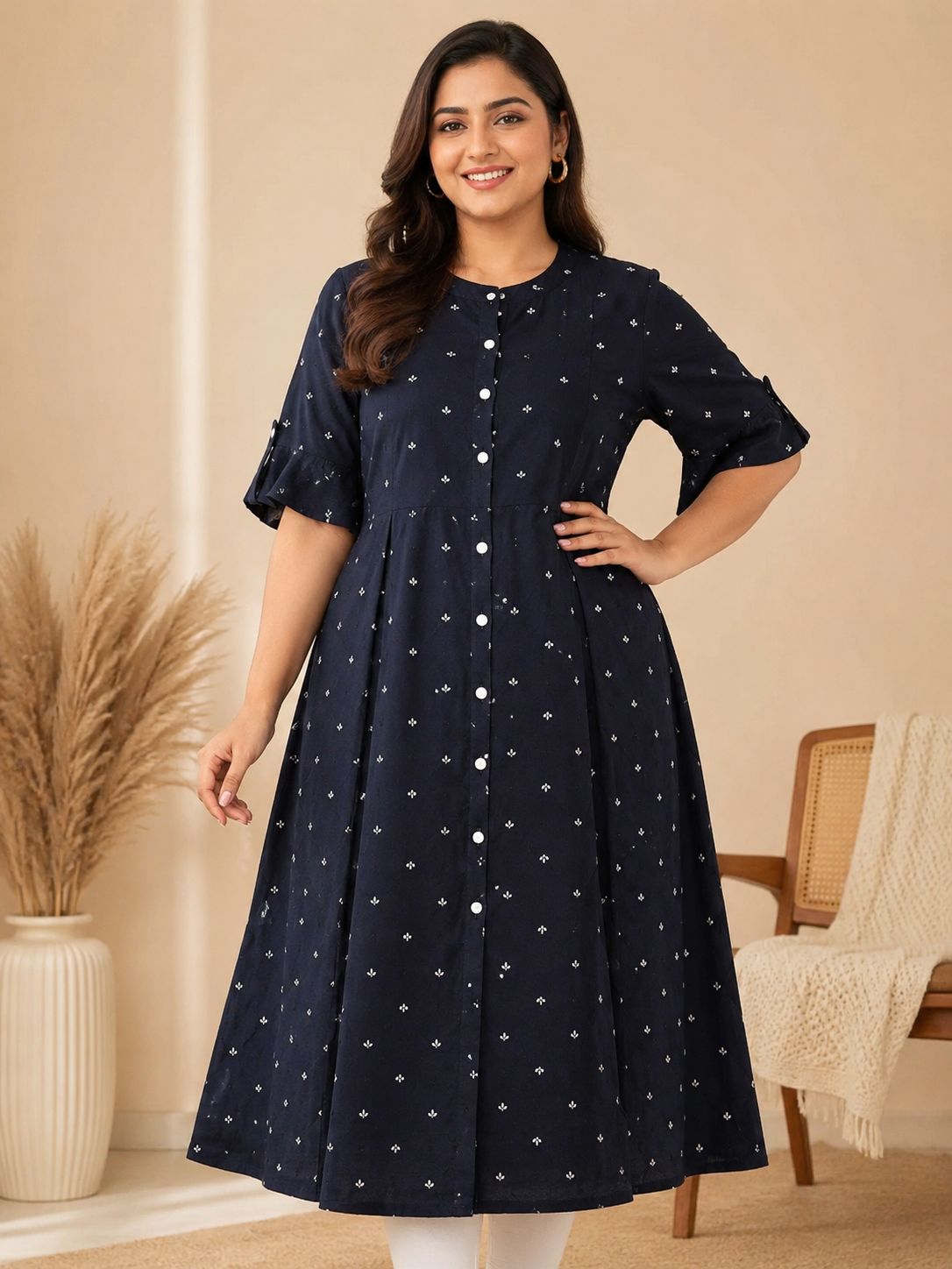 Women's Navy Blue Floral Motif Printed 3/4 sleeves A-Line Kurti Dress