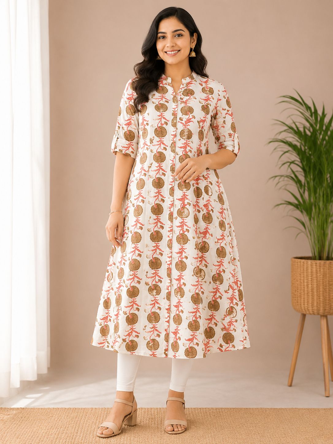 Women's Ivory Floral Printed 3/4 sleeves A-Line Kurti