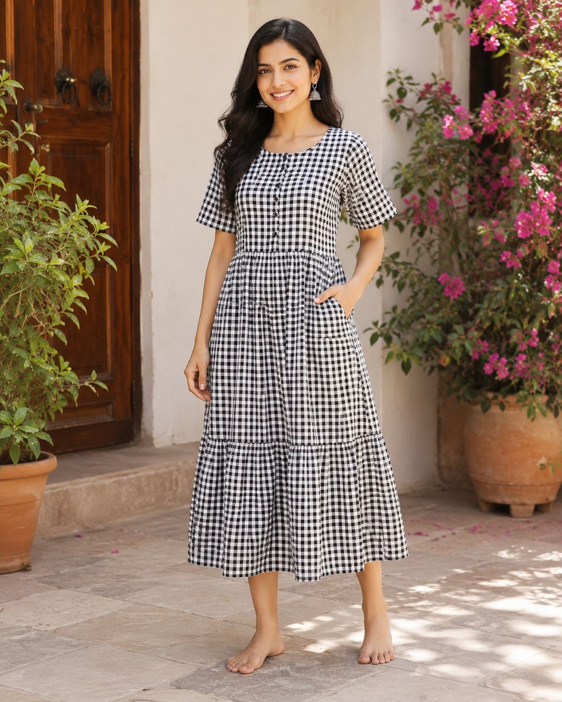Women's short puff sleeves Black & White Gingham Check Tiered Flare Dress