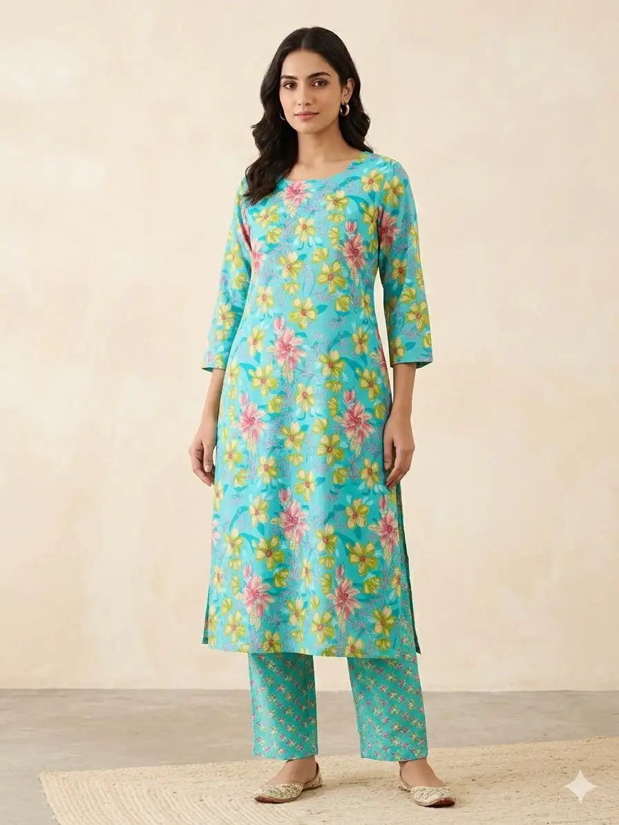 Women's Aqua Blue Floral Printed Kurti & Pant 3/4 Sleeve Co-Ord Set