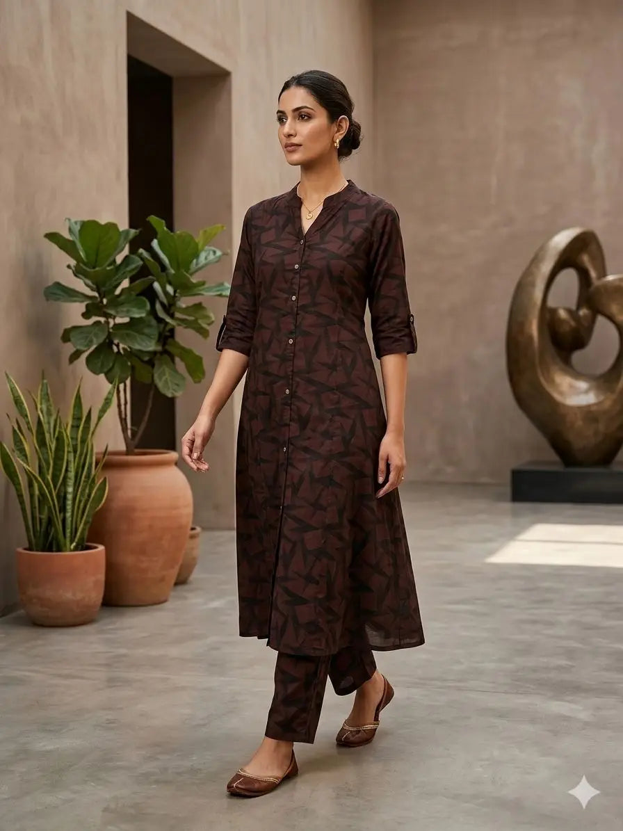 Women's Coffee Brown Abstract Printed Kurti & Pant 3/4 Sleeve Co-Ord Set