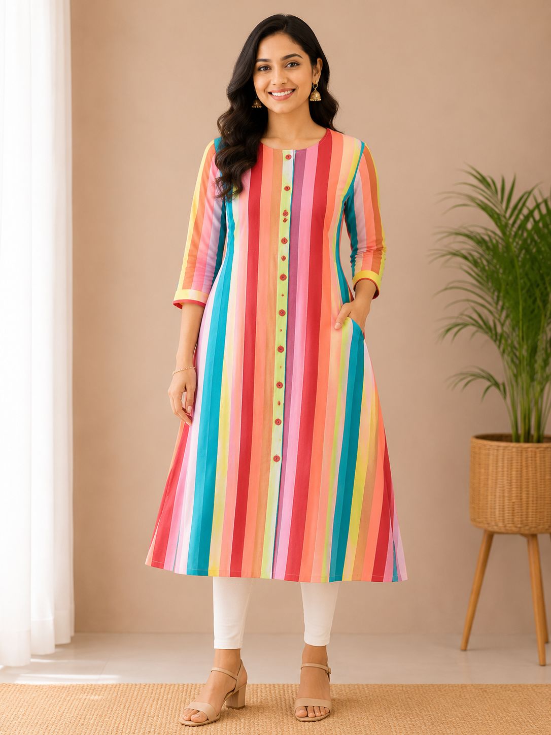Women's Multicolor 3/4 sleeves Vertical Stripe A-Line Kurti