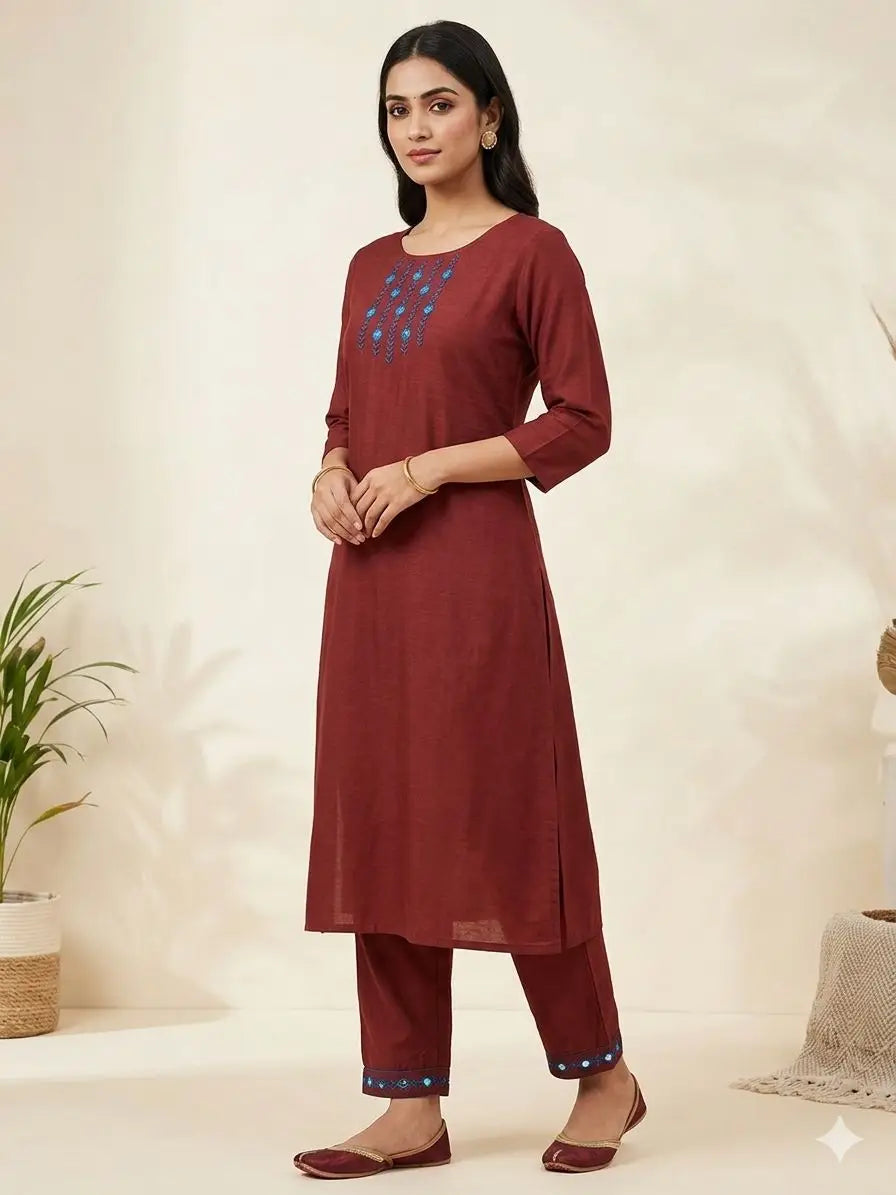 Women's 3/4 sleeves Rust Brown Embroidered Kurti & Pant 2-Piece Co-Ord Set