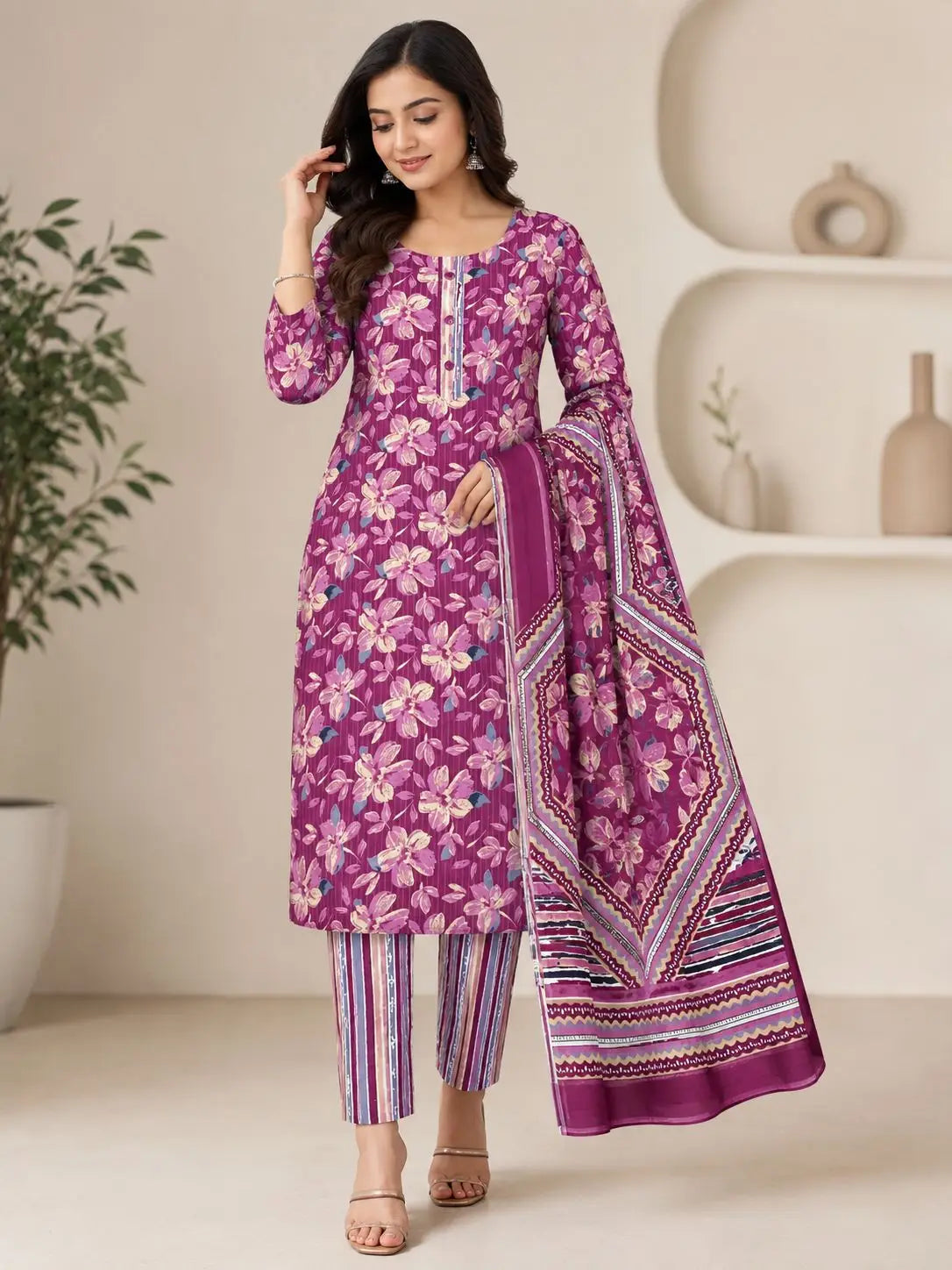 Women's 3/4 sleeves Wine Purple Floral Printed Kurti Pant & Dupatta 3ps Set