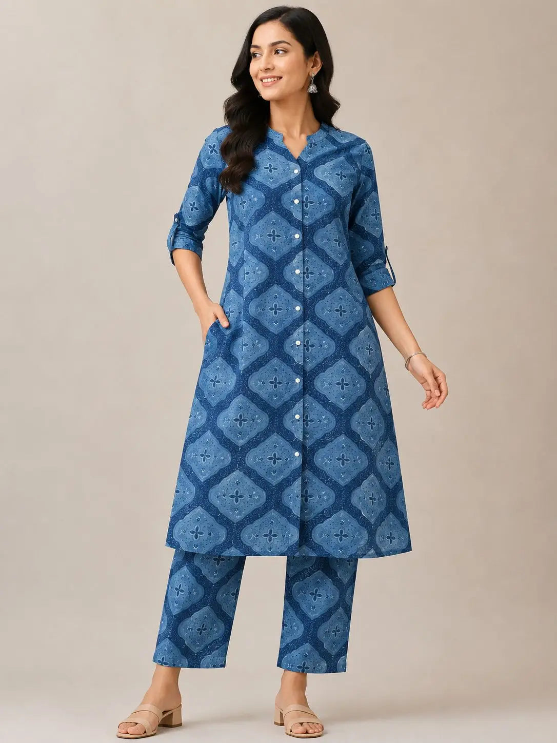 Women's 3/4 sleeves Denim Blue Ethnic Printed Kurti & Pant Co-Ord Set