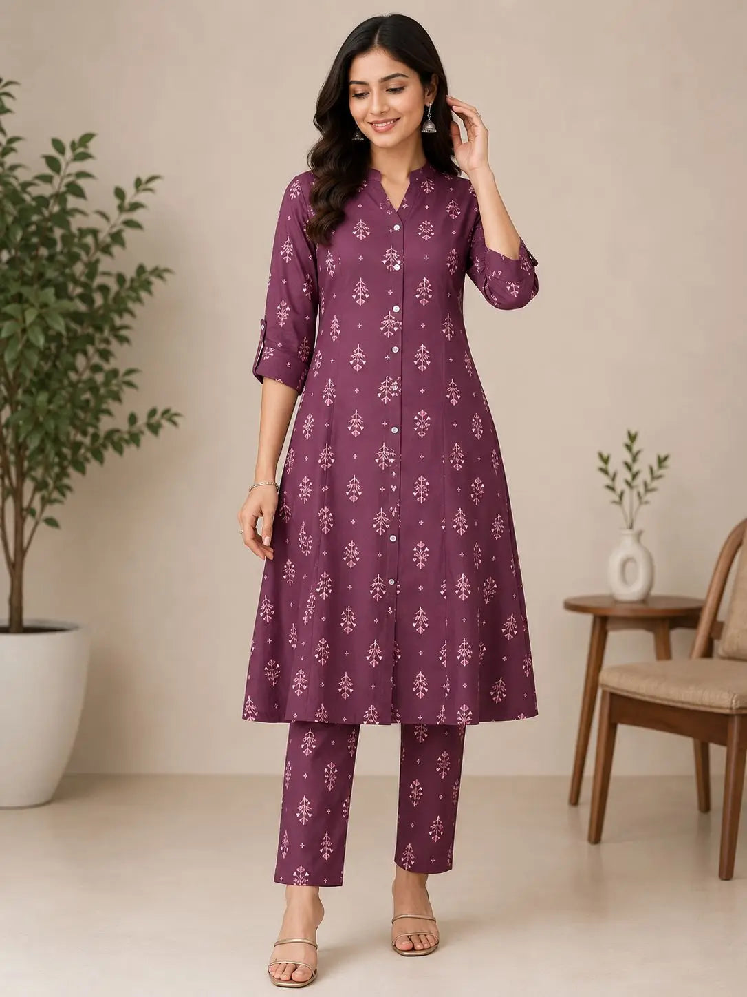 Women's 3/4 sleeves Wine Purple Floral Motif Printed Kurti & Pant Co-Ord Set