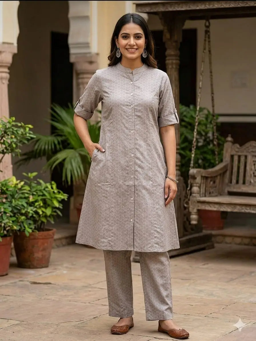Women's 3/4 sleeves Ash Grey Geometric Printed Kurti & Pant Co-Ord Set