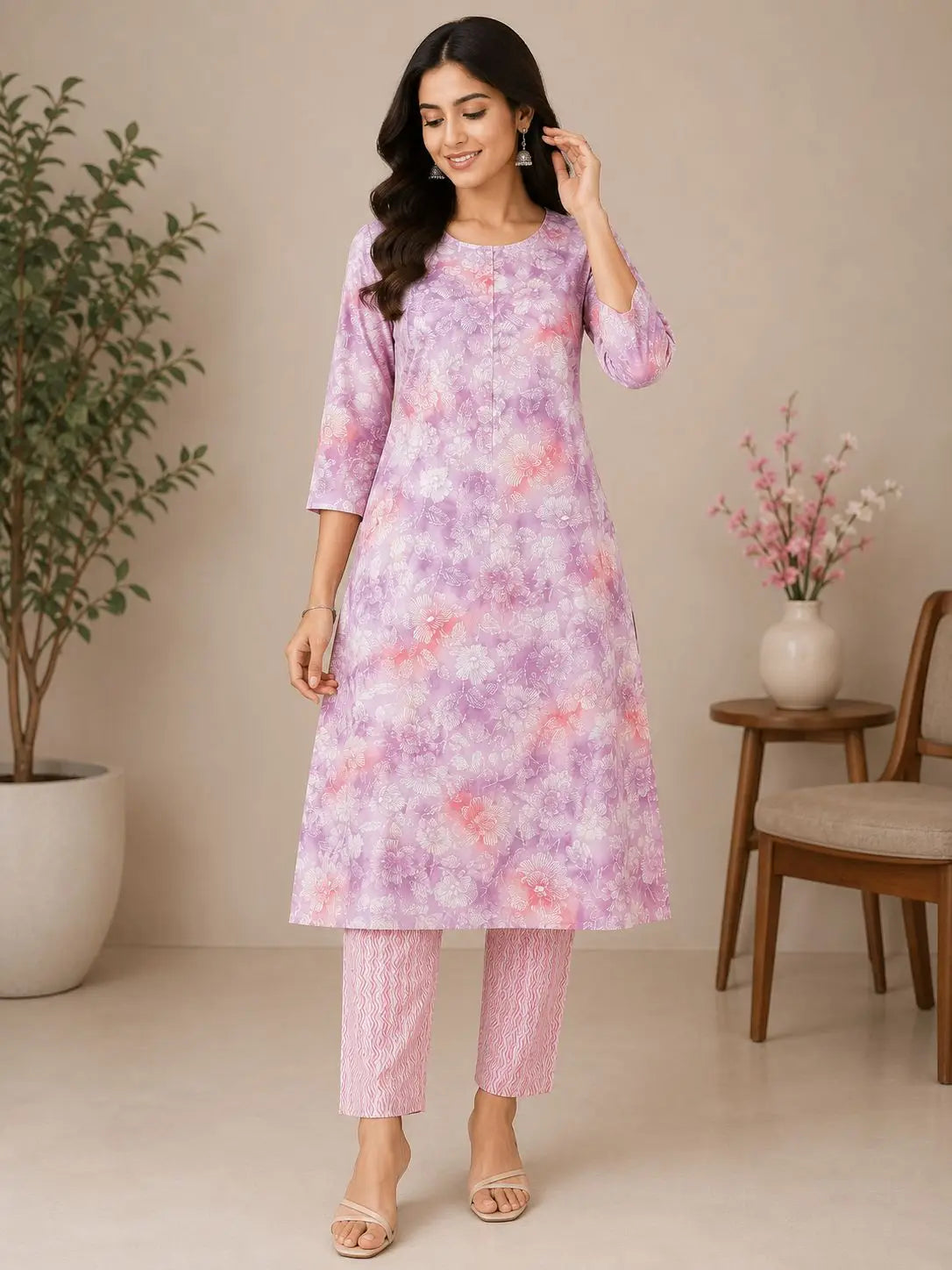 Women's Lavender Pink Floral Printed Kurti & Pant Co-Ord Set