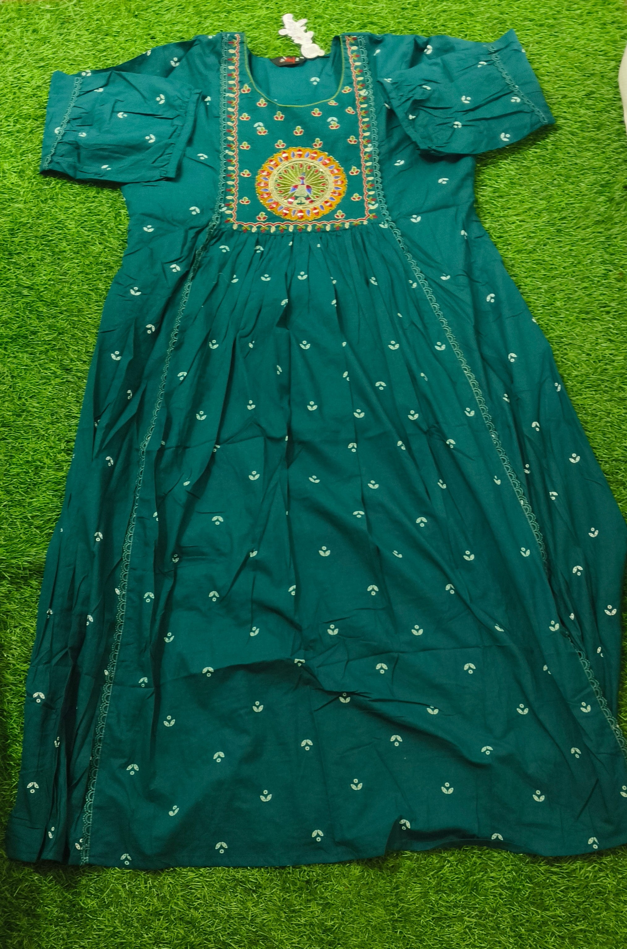 Elegant Dark Teal Green Embroidered Cotton Top with Circular Yoke Motif