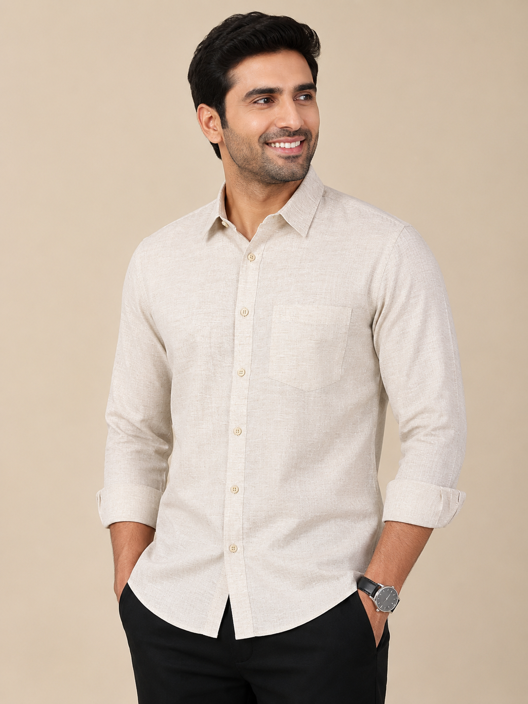 Teen Colours Men's Light Beige Printed Gija Cotton Casual Shirt Full Sleeve Regular Fit