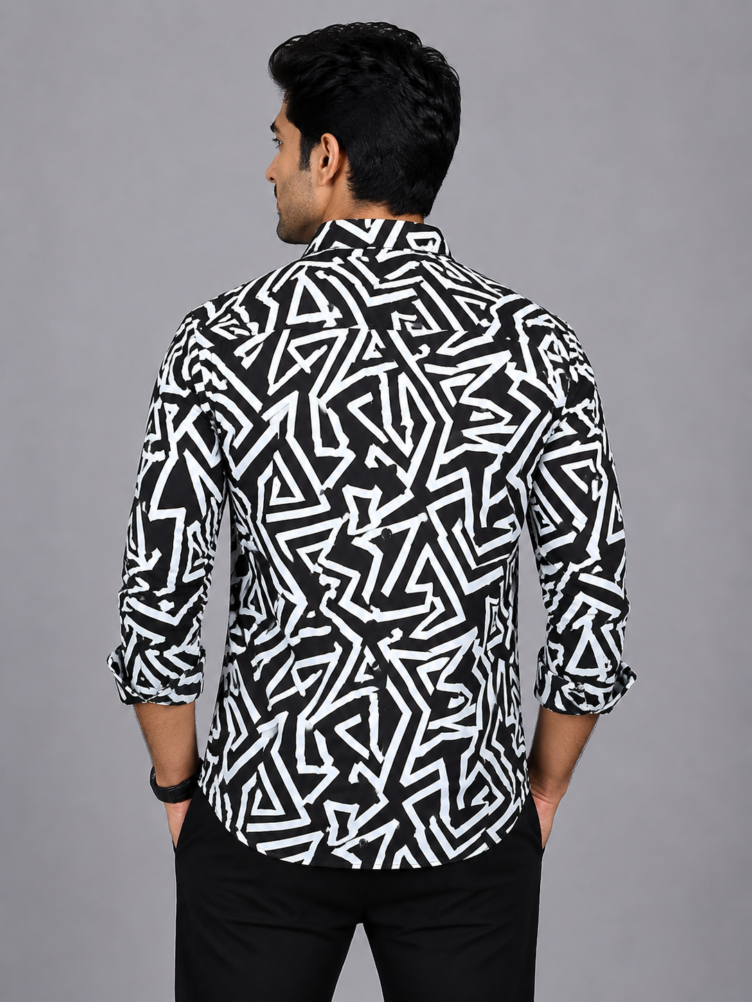 black & white Teen Colours Men's Black and White Geometric Printed Cotton Casual Shirt Full Sleeve Regular Fit