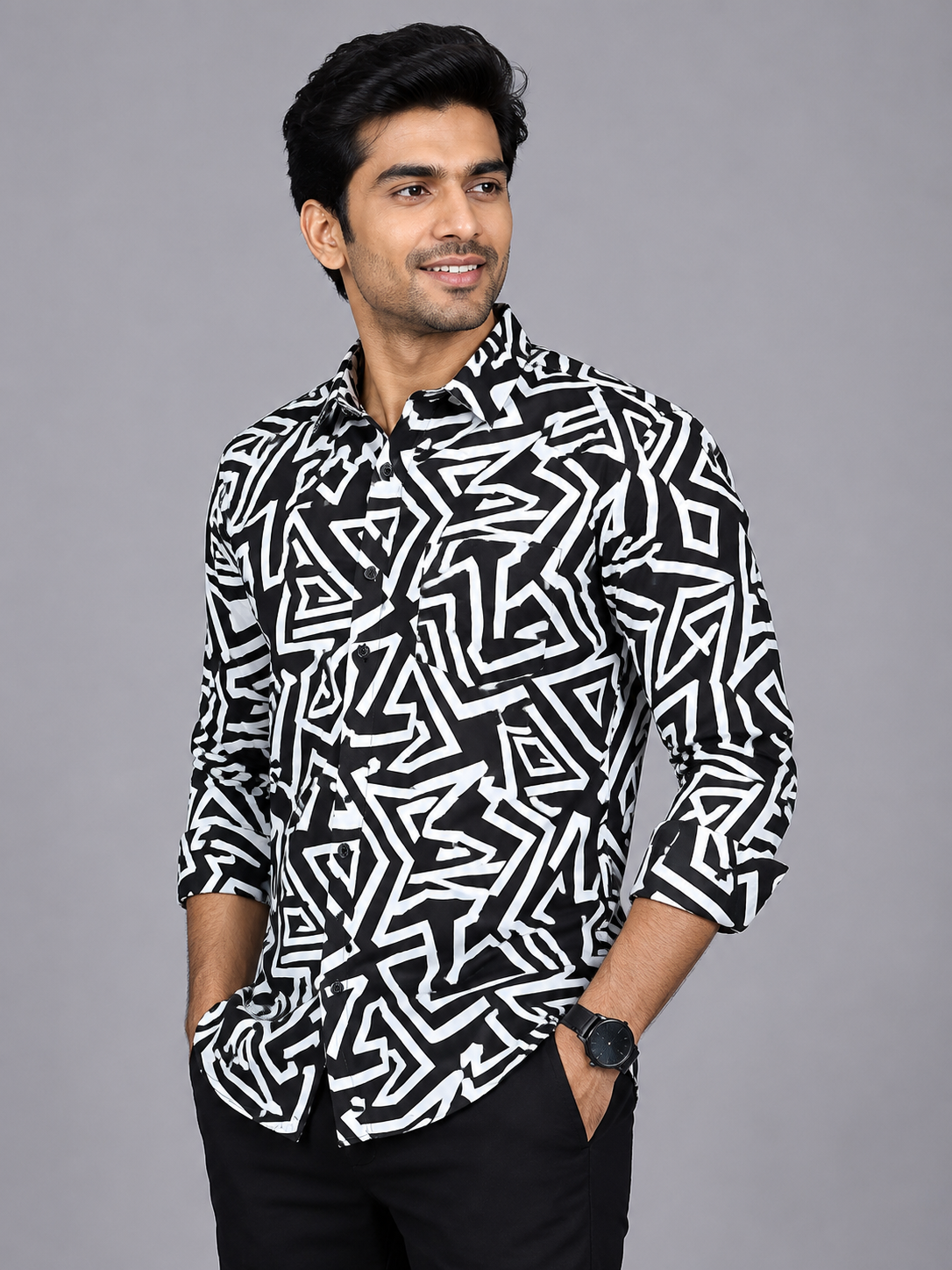 black & white Teen Colours Men's Black and White Geometric Printed Cotton Casual Shirt Full Sleeve Regular Fit