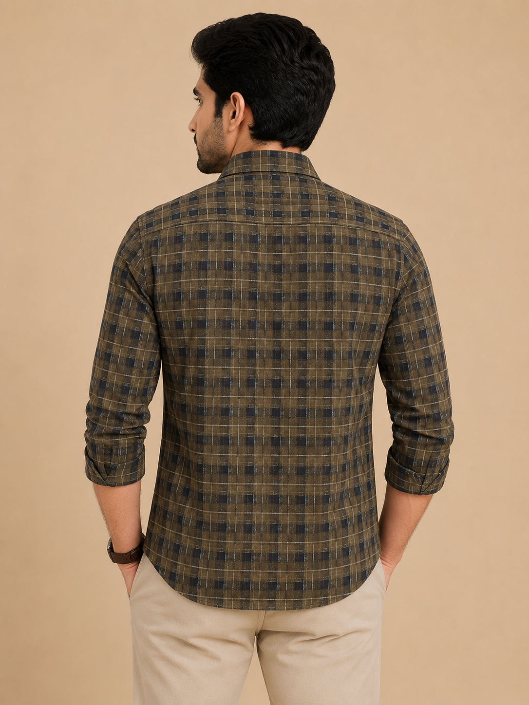 Teen Colours Men's Brown and Cream Checked Pattern Cotton Casual Shirt Full Sleeve Regular Fit