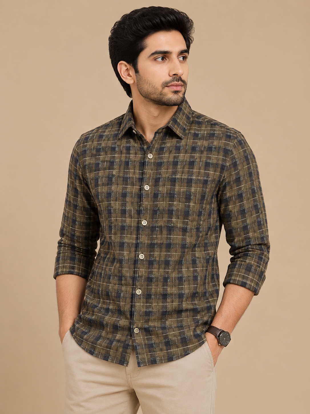 Teen Colours Men's Brown and Cream Checked Pattern Cotton Casual Shirt Full Sleeve Regular Fit