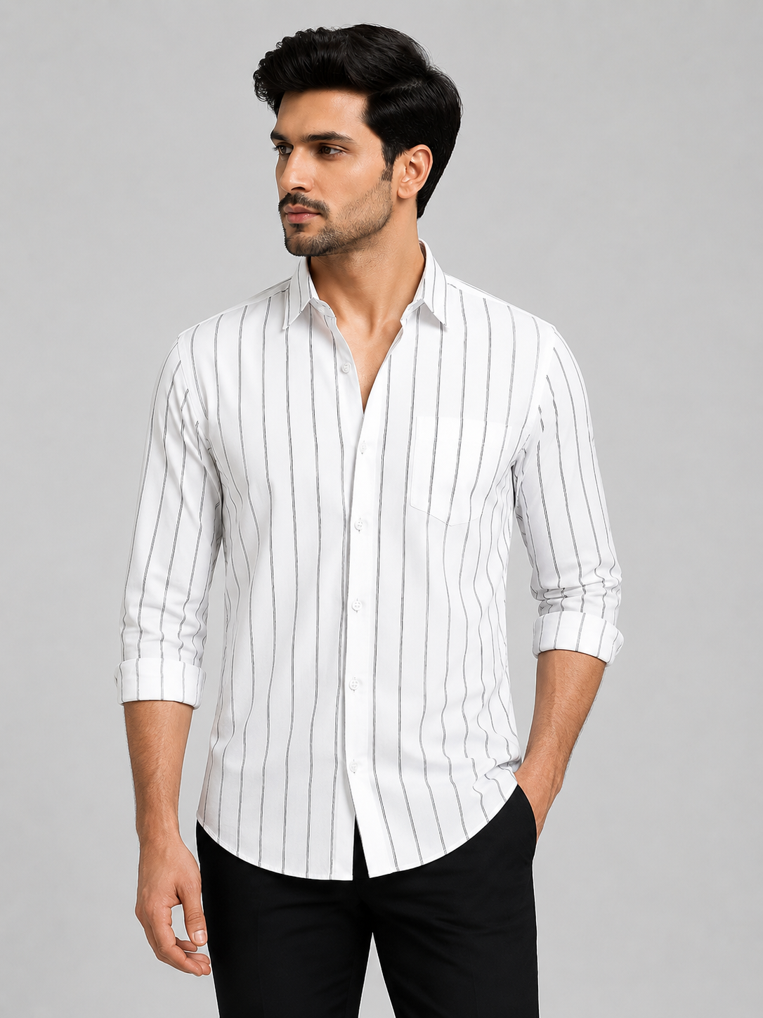 Teen Colours Men's Black Striped Cotton Casual Shirt with White Background Full Sleeve Regular Fit