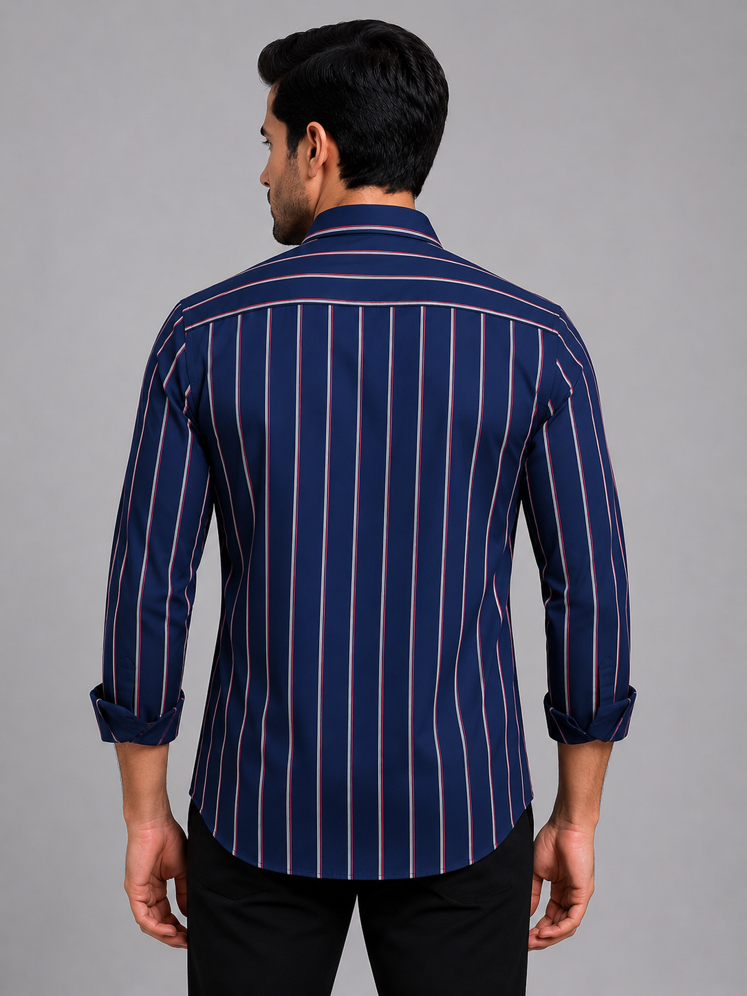 Teen Colours Men's Navy Blue Red and White Striped Cotton Casual Shirt Full Sleeve Regular Fit