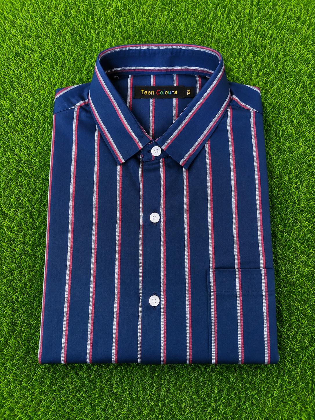 Teen Colours Men's Navy Blue Red and White Striped Cotton Casual Shirt Full Sleeve Regular Fit