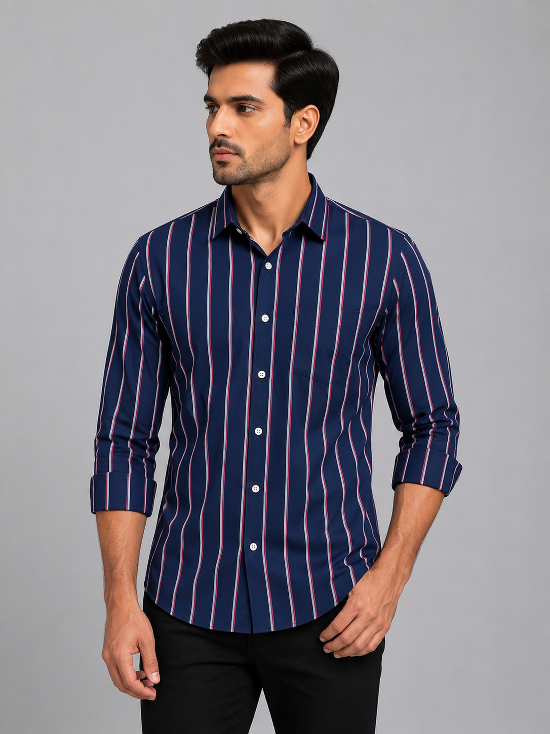 Teen Colours Men's Navy Blue Red and White Striped Cotton Casual Shirt Full Sleeve Regular Fit