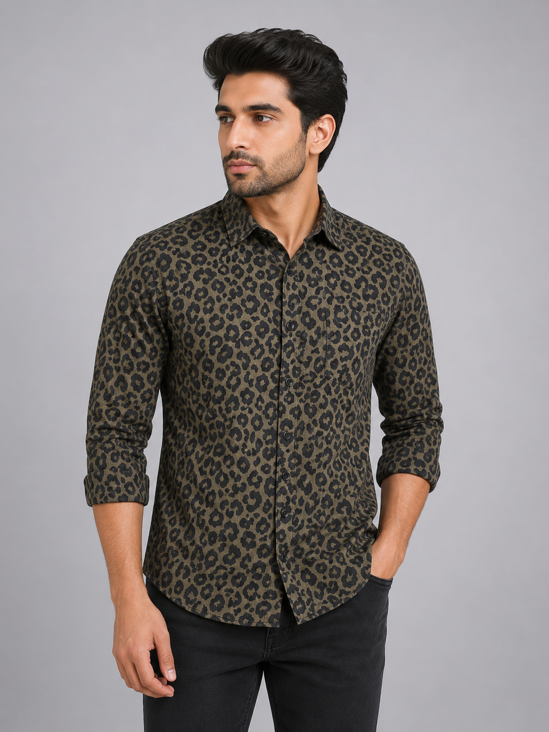 Teen Colours Men's Olive Green Leopard Print Rayon Casual Shirt Full Sleeve Regular Fit