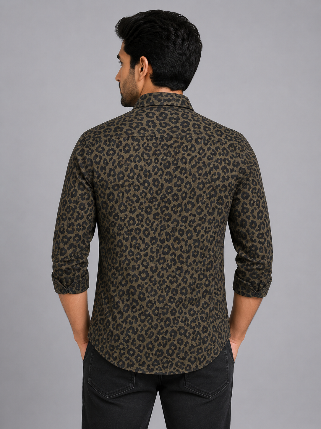 Teen Colours Men's Olive Green Leopard Print Rayon Casual Shirt Full Sleeve Regular Fit