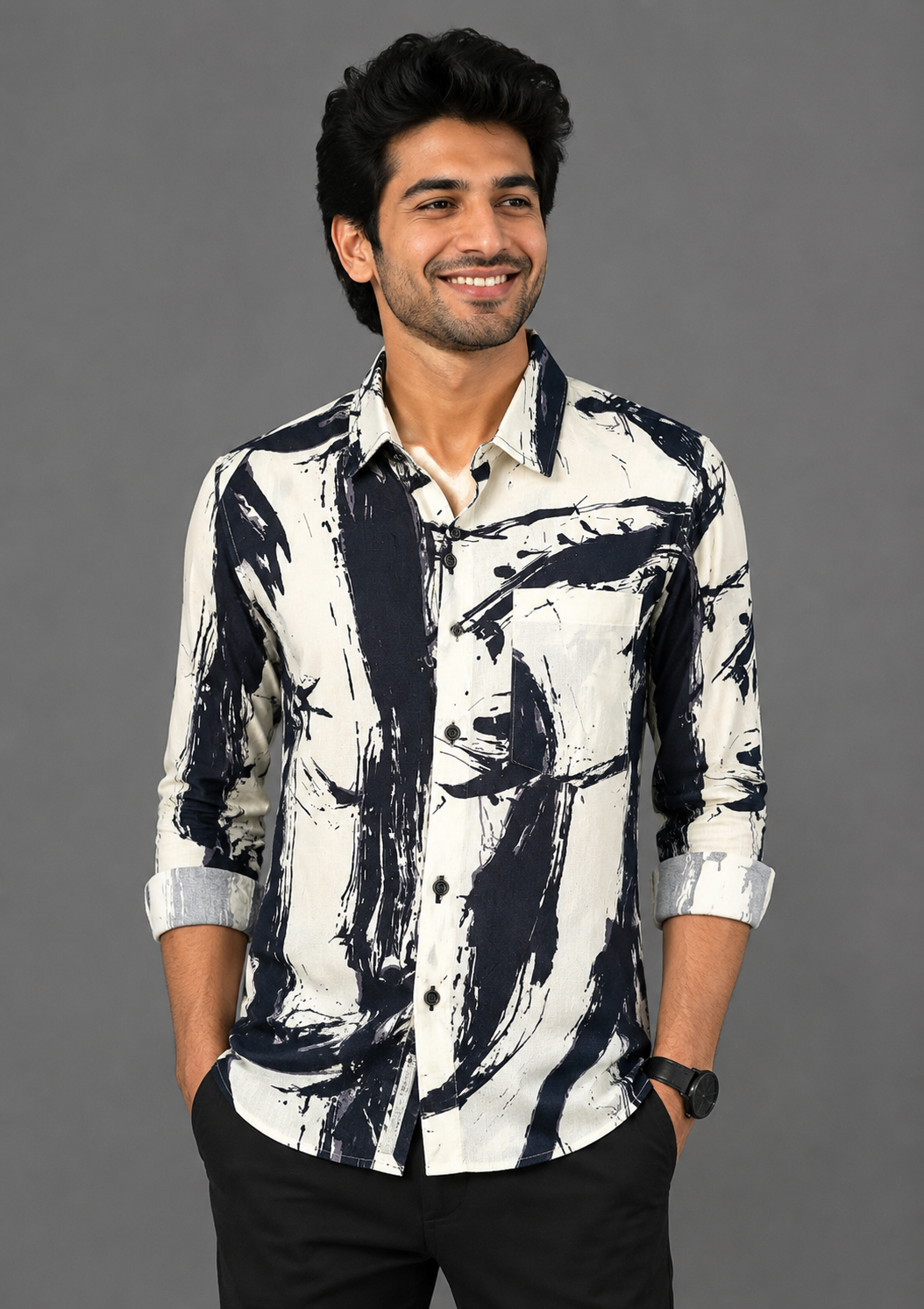 Teen Colours Men's Black and Cream Printed Rayon Casual Shirt Full Sleeve Regular Fit