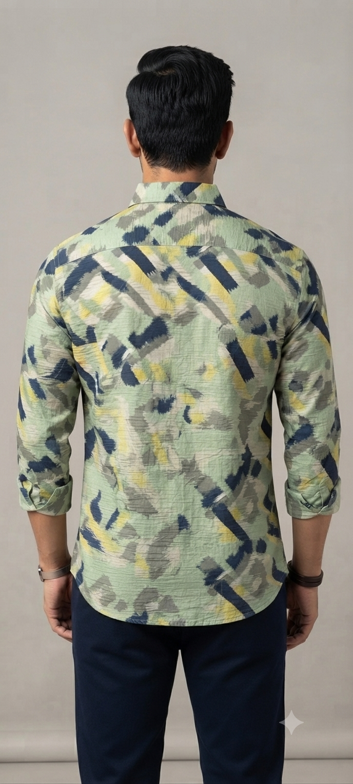 Teen Colours Men's Green Yellow and Navy Blue Printed Crush Fabric Casual Shirt Full Sleeve Regular Fit