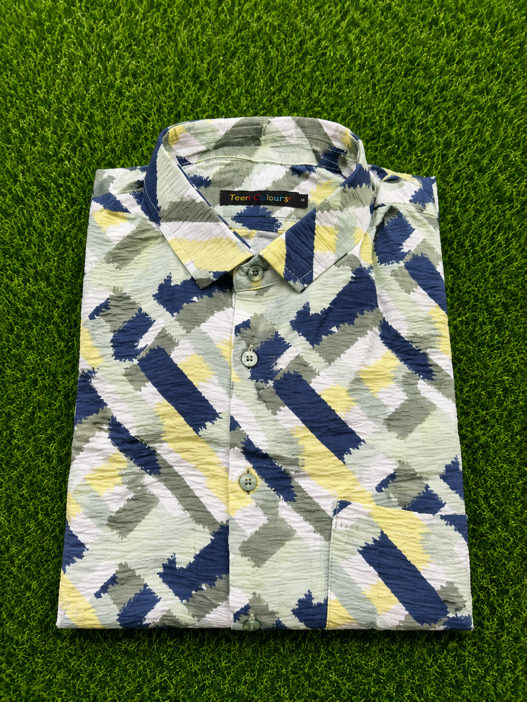 Teen Colours Men's Green Yellow and Navy Blue Printed Crush Fabric Casual Shirt Full Sleeve Regular Fit