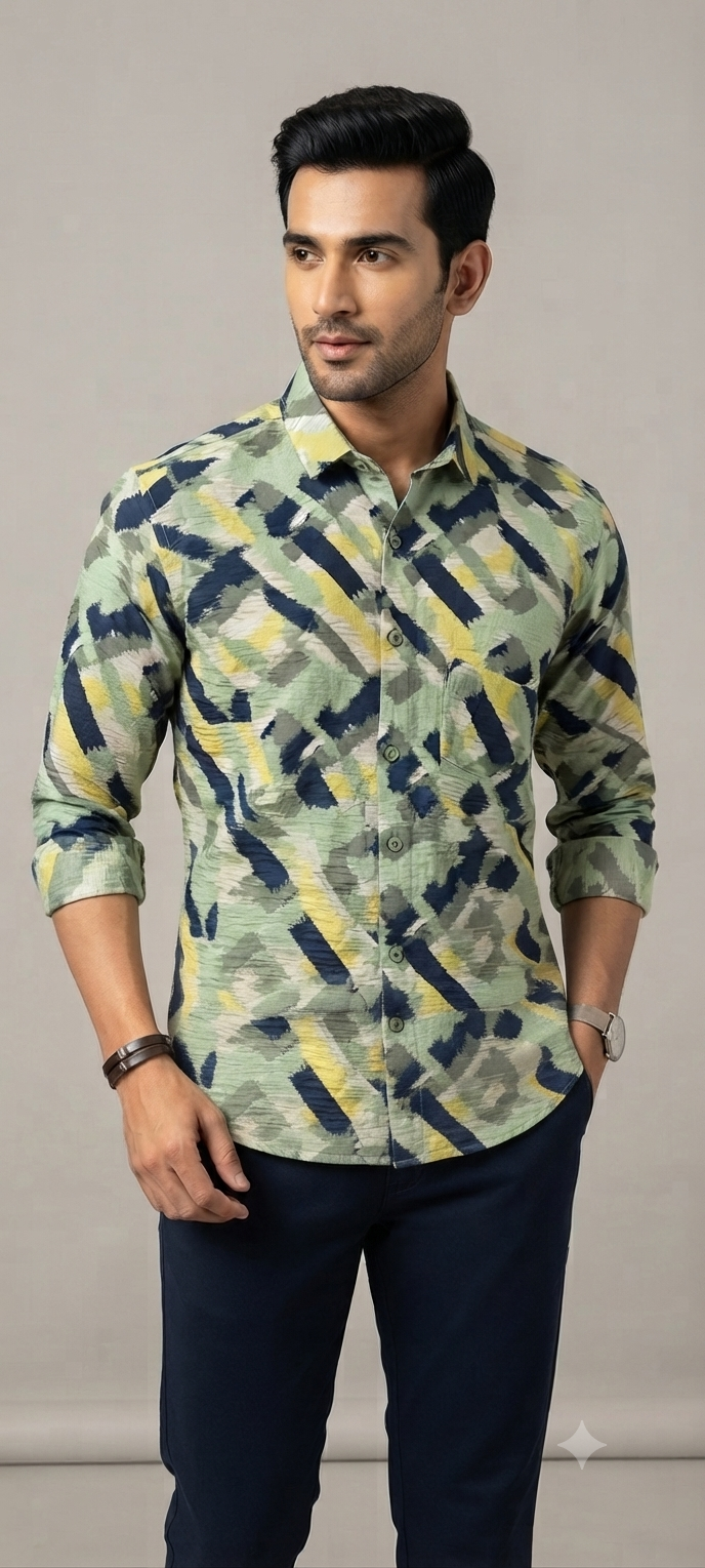 Teen Colours Men's Green Yellow and Navy Blue Printed Crush Fabric Casual Shirt Full Sleeve Regular Fit