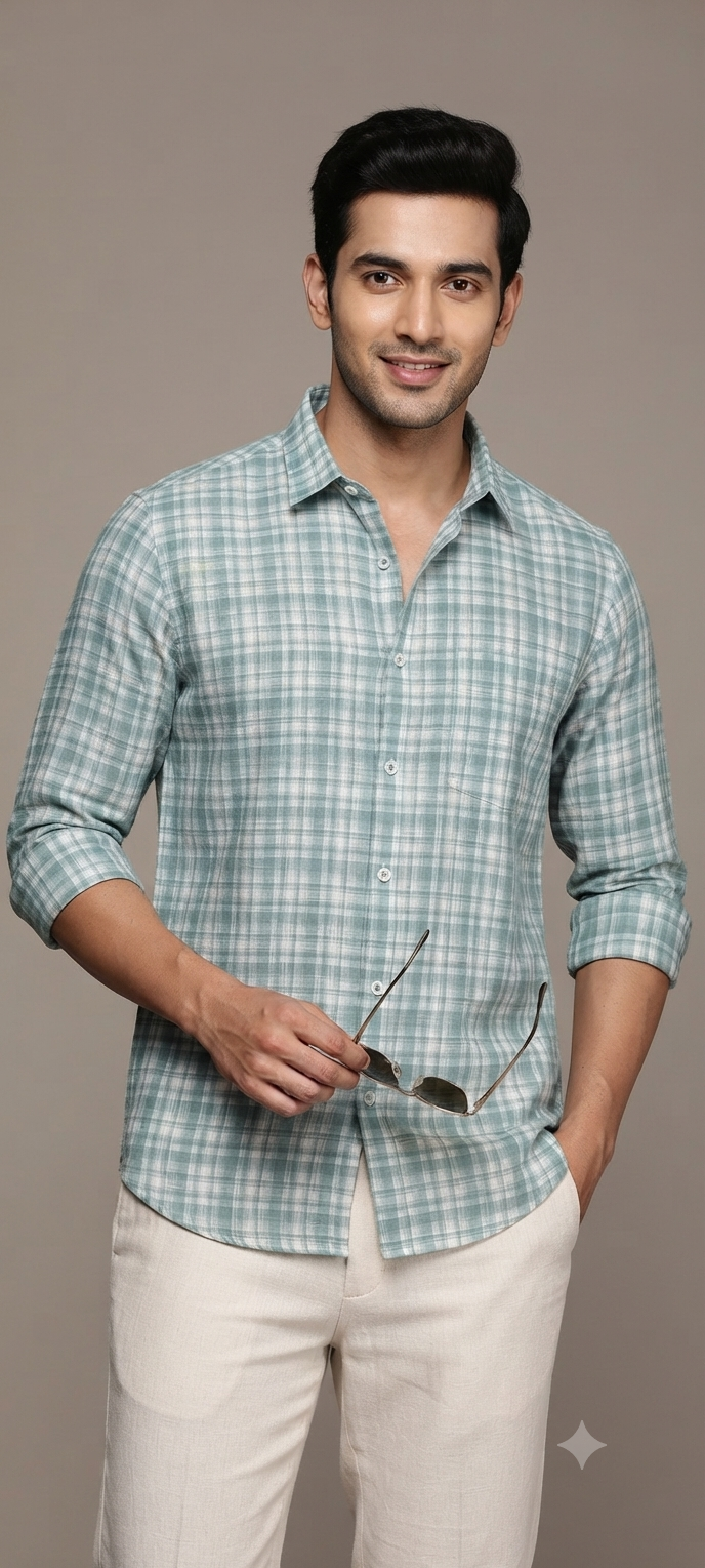 Teen Colours Men's Green and White Checkered Cotton Casual Shirt Full Sleeve Regular Fit