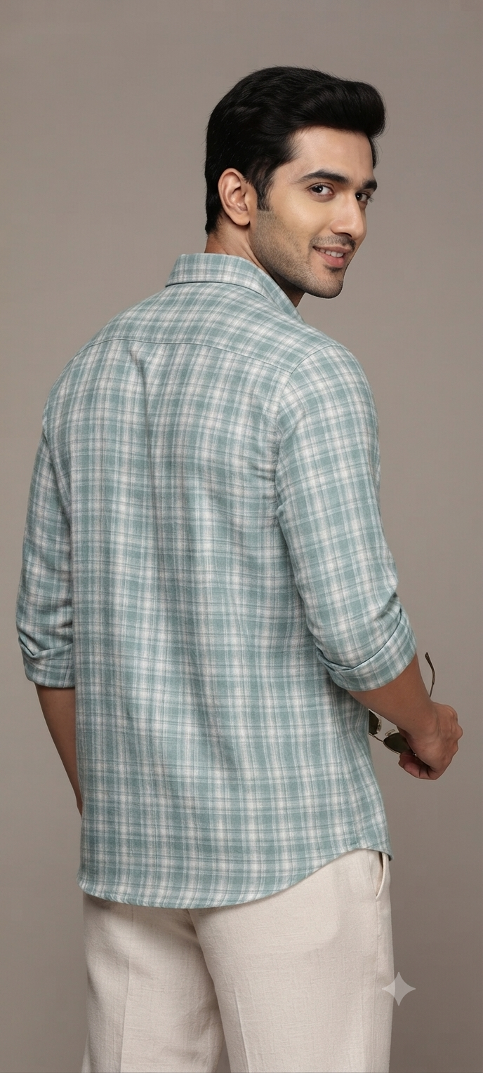 Teen Colours Men's Green and White Checkered Cotton Casual Shirt Full Sleeve Regular Fit