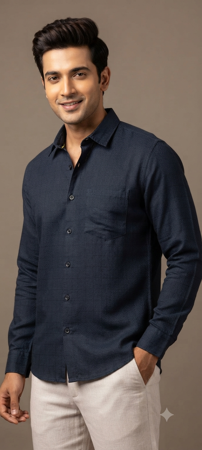 Teen Colours Men's Navy Blue Plain Gija Cotton Casual Shirt Full Sleeve