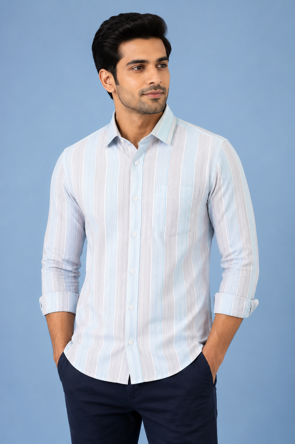 Teen Colours Men's Light Blue Striped Cotton Casual Shirt Full Sleeve Regular Fit