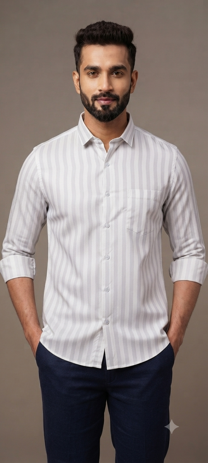 Teen Colours Mens Grey and White Striped Cotton Casual Shirt Full Sleeve Regular Fit