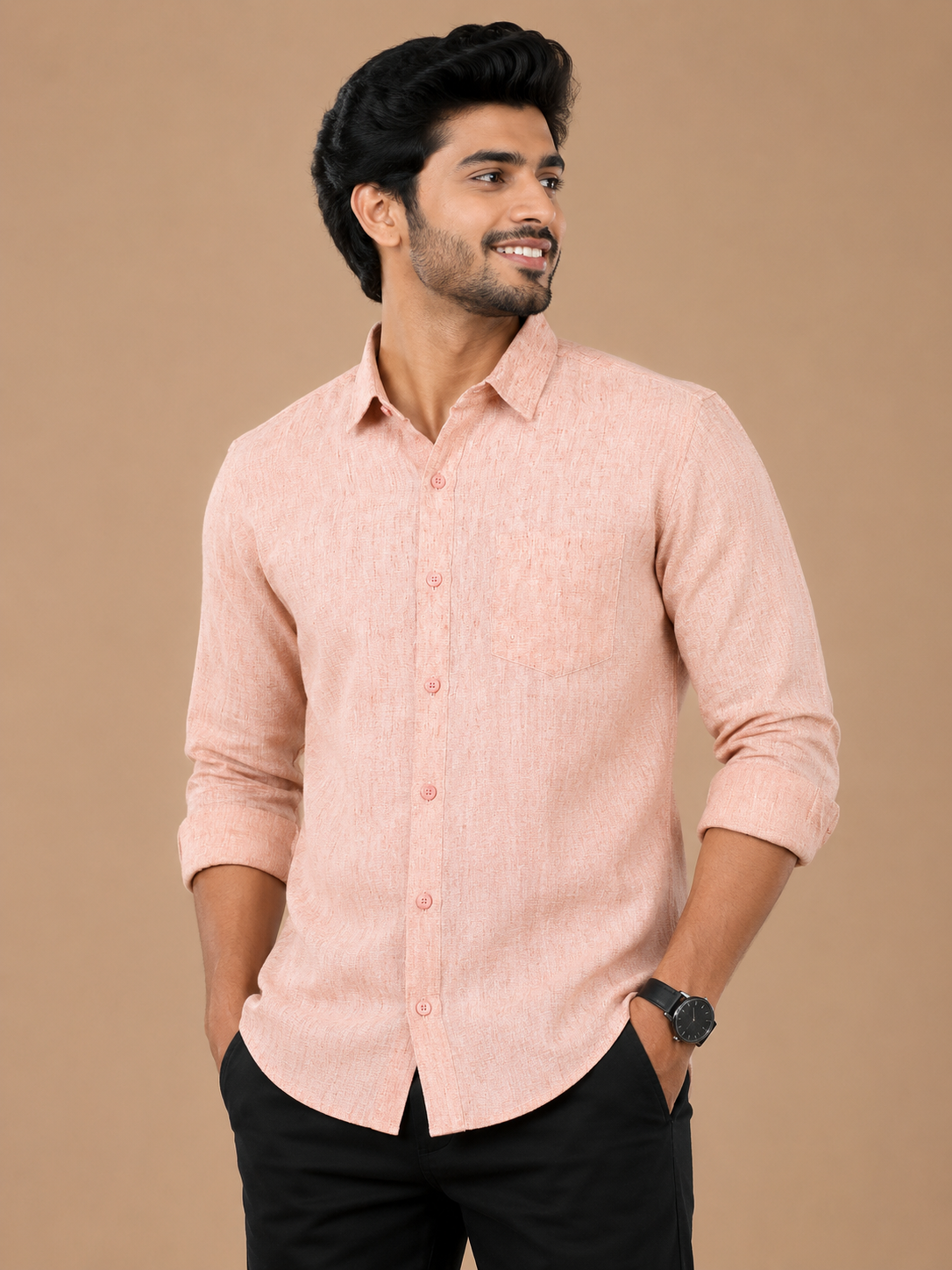 Teen Colours Men's Light Peach plain Cotton Casual Shirt Full Sleeve Regular Fit