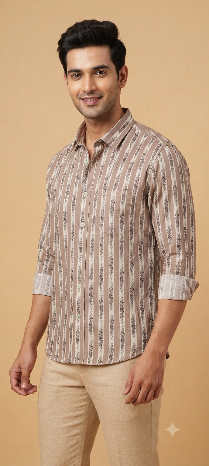 Teen Colours Men's Brown Beige Printed Gija Cotton Casual Shirt Full Sleeve Regular Fit
