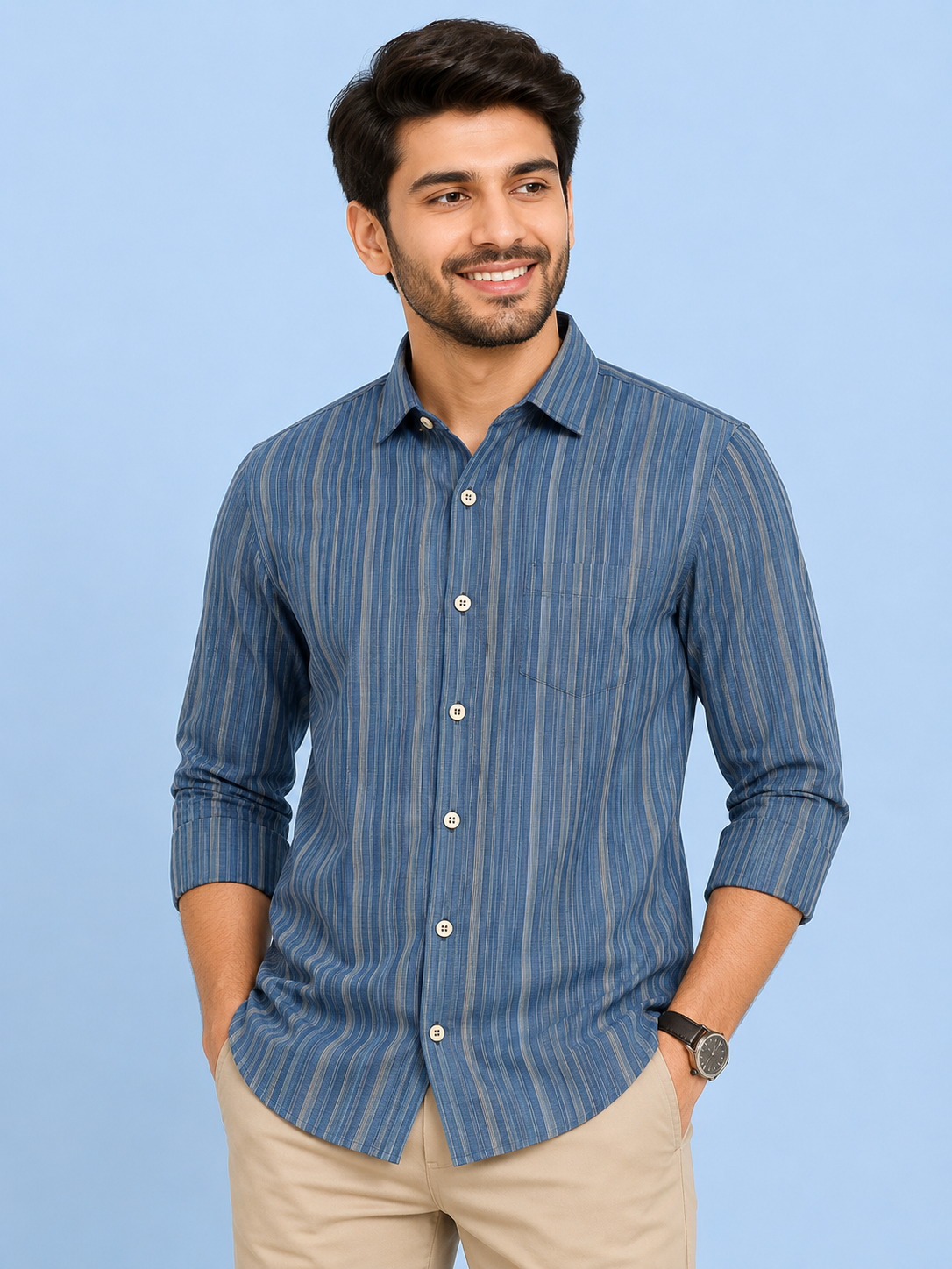 Teen Colours Men's Cream Vertical Striped Cotton Casual Shirt Full Sleeve Regular Fit