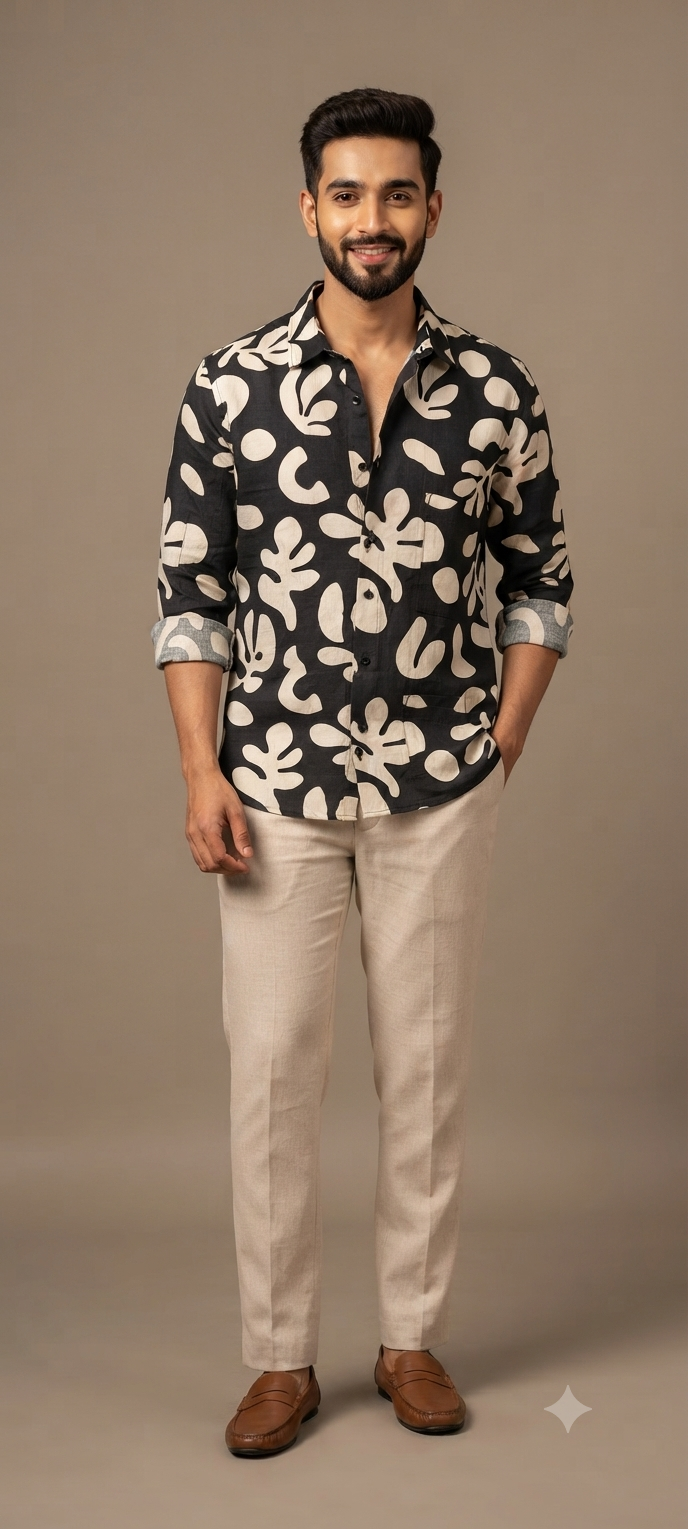 Teen Colours Men's Black and Cream Abstract Leaf Printed Cotton Casual Shirt Full Sleeve Regular Fit