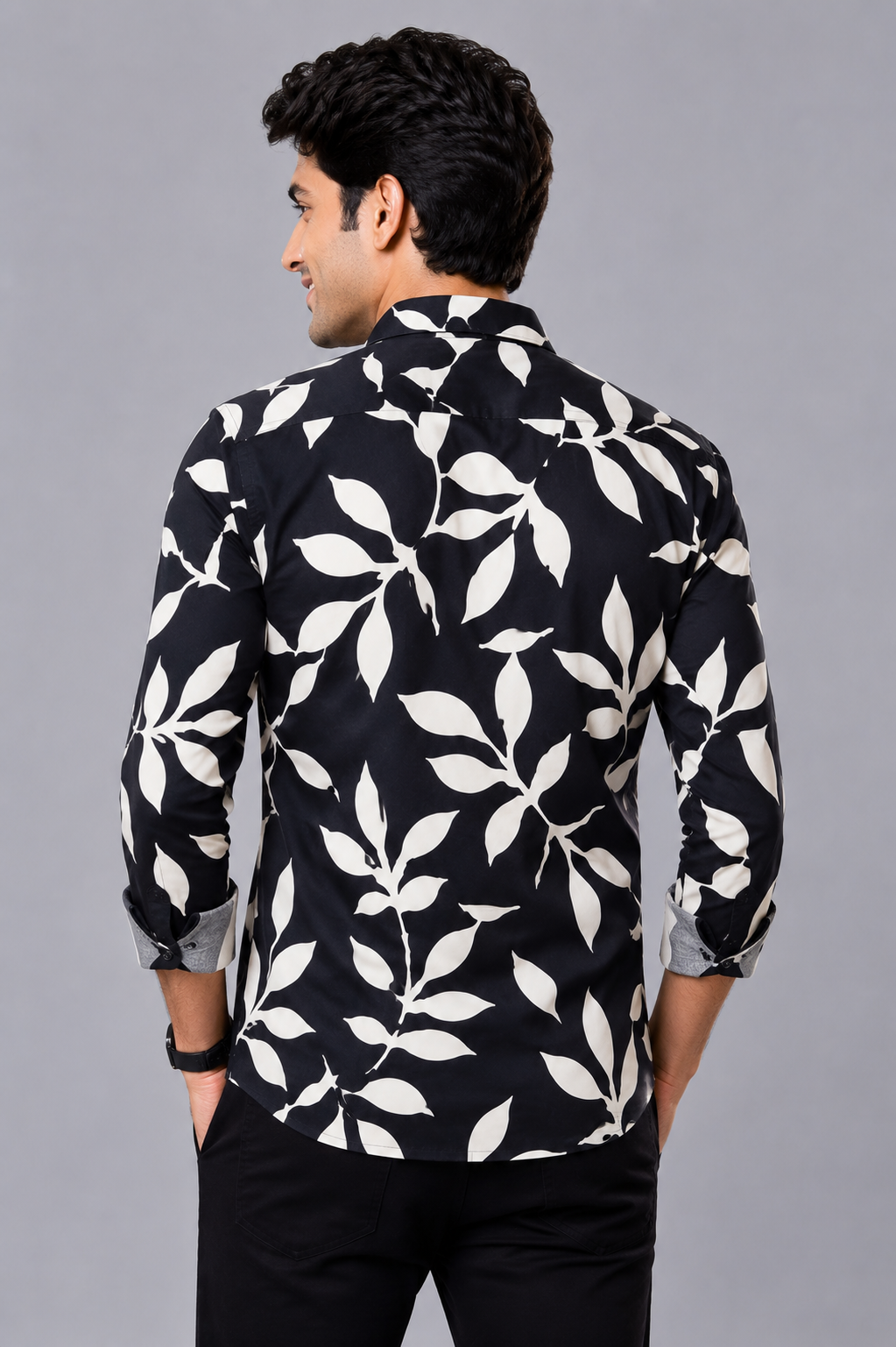 Teen Colours Men's Black and Cream Abstract Leaf Printed Cotton Casual Shirt Full Sleeve Regular Fit