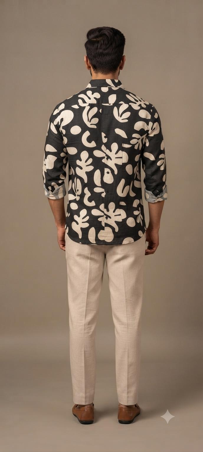 Teen Colours Men's Black and Cream Abstract Leaf Printed Cotton Casual Shirt Full Sleeve Regular Fit