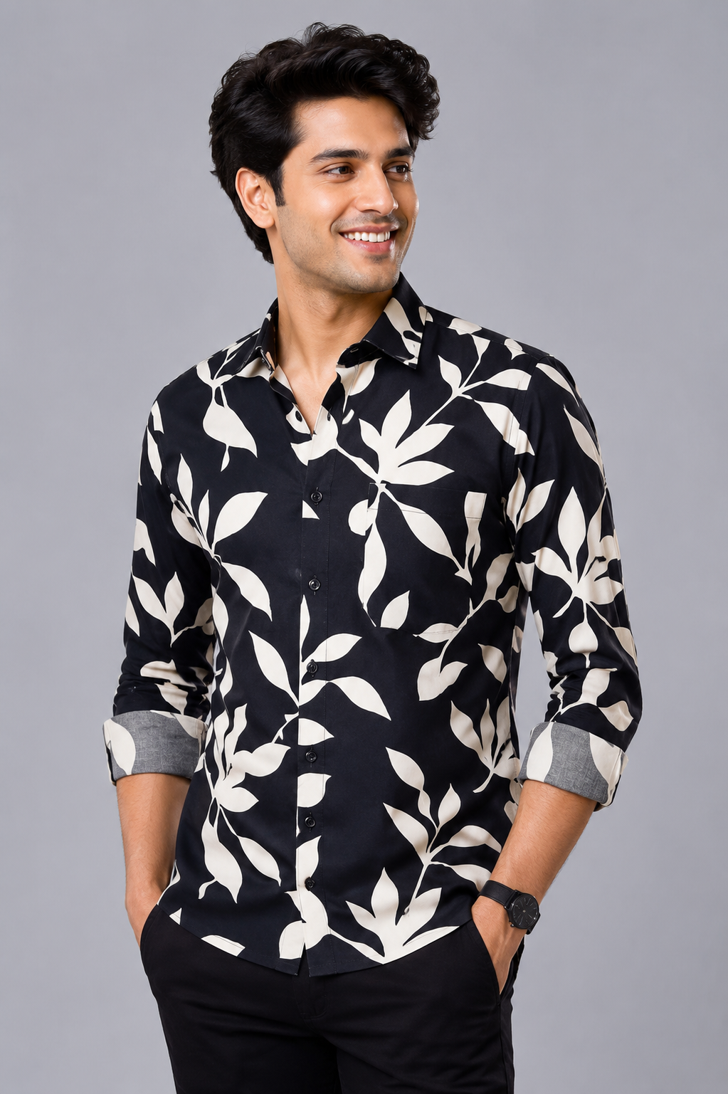 Teen Colours Men's Black and Cream Abstract Printed Cotton Casual Shirt Full Sleeve Regular Fit
